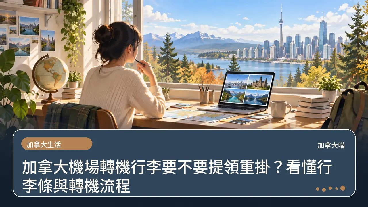 加拿大機場轉機行李要不要提領重掛？看懂行李條與轉機流程主題插畫