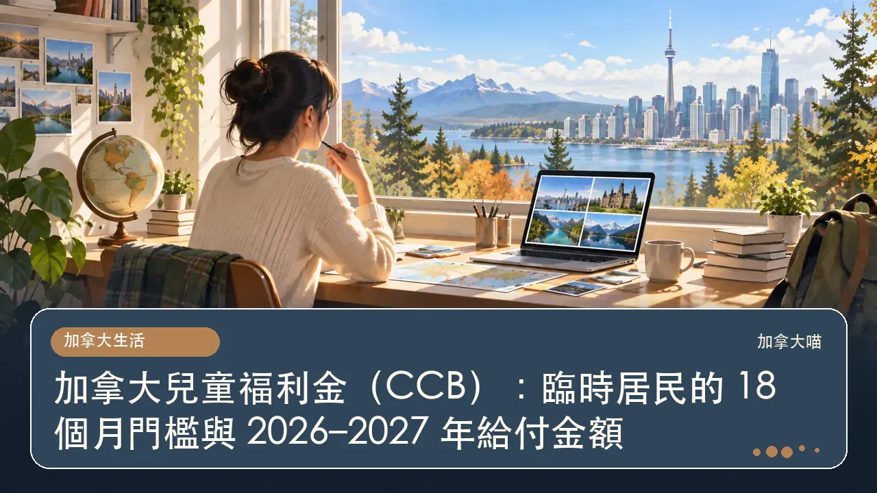 加拿大兒童福利金（CCB）：臨時居民的 18 個月門檻與 2026–2027 年給付金額主題插畫