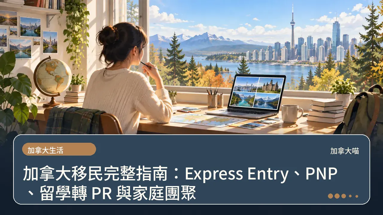 加拿大移民完整指南：Express Entry、PNP、留學轉 PR 與家庭團聚主題插畫