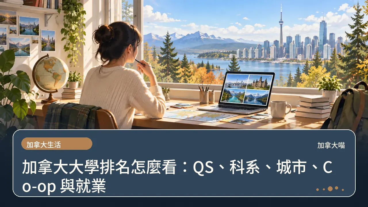 加拿大大學排名怎麼看：QS、科系、城市、Co-op 與就業主題插畫