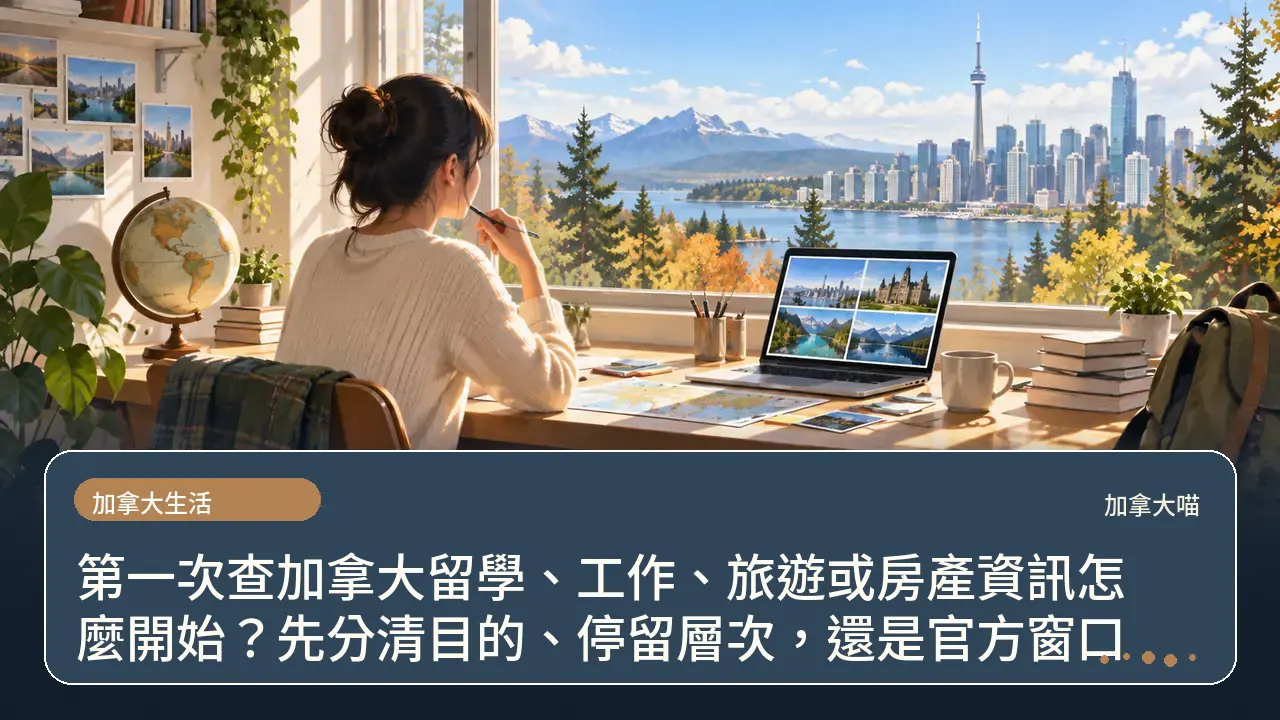 第一次查加拿大留學、工作、旅遊或房產資訊怎麼開始？先分清目的、停留層次，還是官方窗口主題插畫