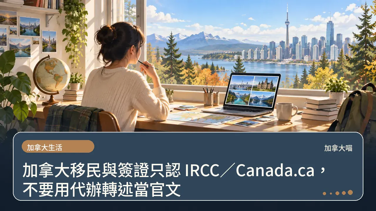 加拿大移民與簽證只認 IRCC／Canada.ca，不要用代辦轉述當官文主題插畫